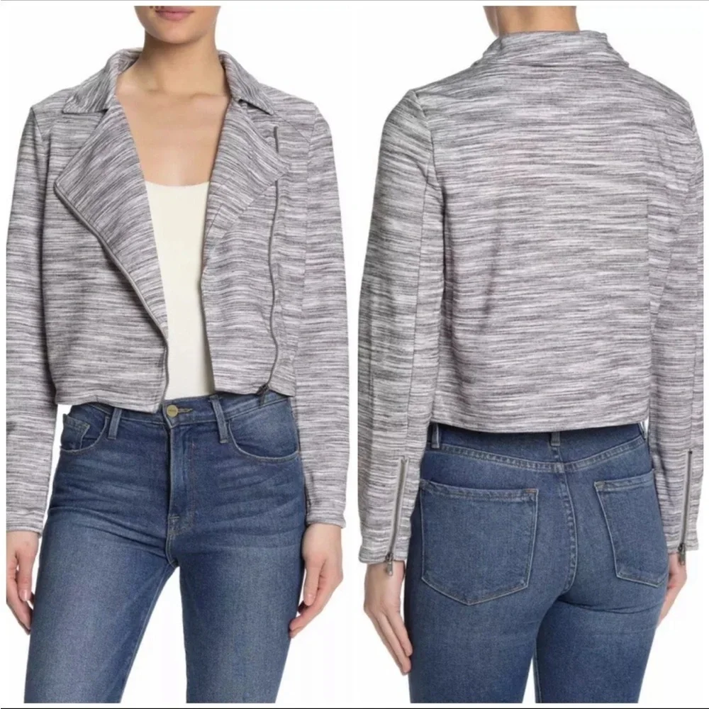 Cupcakes and Cashmere McLaren Stripe Knit Crop Moto Jacket Grey Black Size XS